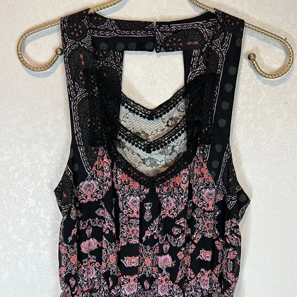 NWT Free People Moroccan Black Printed Lace Yoke Maxi Dress 4 - Picture 3 of 13